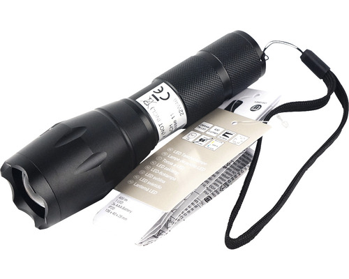 Čierna LED baterka s putkom na ruku a štítkom