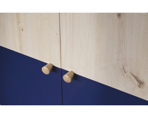 Detail skrine s drevenou štruktúrou a modrými plochami a drevenými držadlami