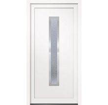 Biele vchodové dvere s obdĺžnikovou sklenenou vložkou