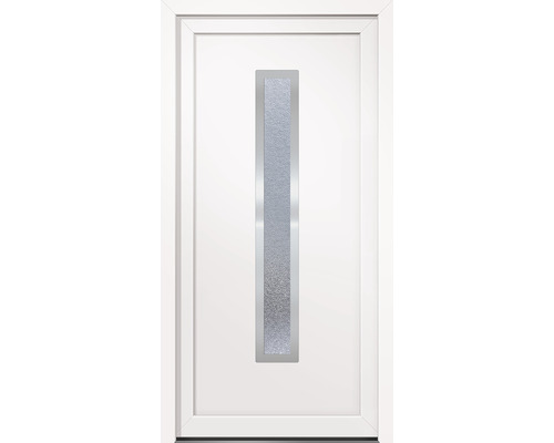 Biele vchodové dvere s obdĺžnikovou sklenenou vložkou