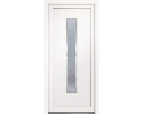 Biele vchodové dvere s úzkou obdĺžnikovou sklenenou vložkou