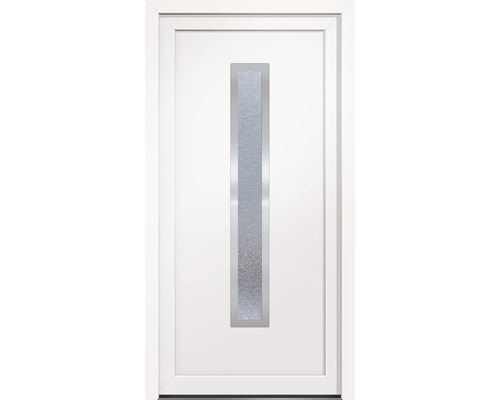 Biele vchodové dvere s obdĺžnikovou sklenenou vložkou