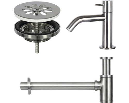Umývadlová batéria, sifón a odtoková súprava z nehrdzavejúcej ocele