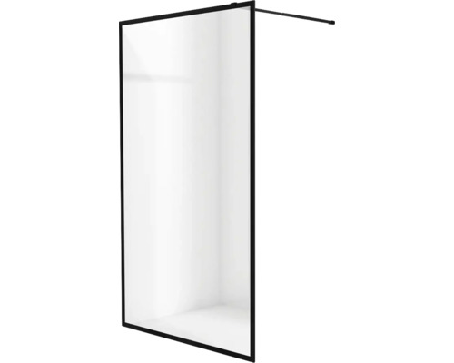 Ochranná stena do sprchy s čiernym rámom.
