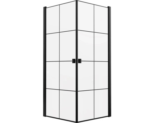 Rohová sprcha s čiernymi profilmi a čírymi sklenenými stenami