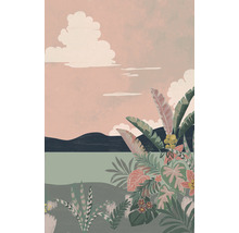 Ilustrácia tropickej krajiny s rastlinami, horami a mrakmi