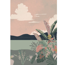 Ilustrácia tropickej krajiny s rastlinami, horami a oblakmi.