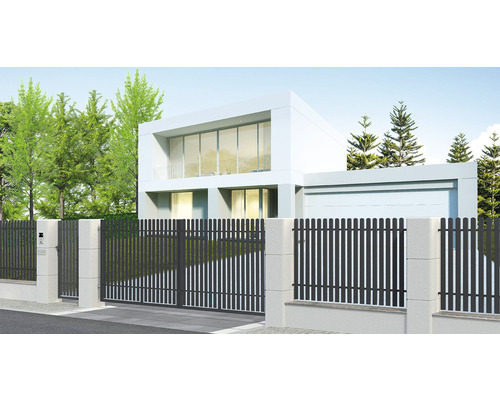 Moderný dom s plotom a vjazdovou bránou
