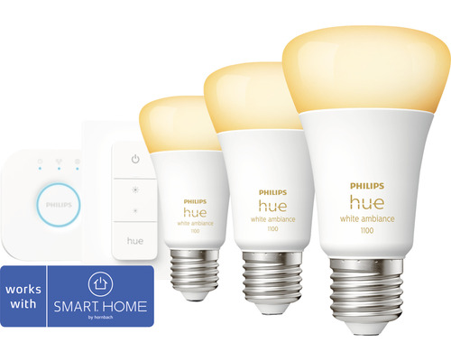 Štartovacia sada Philips HUE 8719514291232 - bridge+stmievač+3x LED žiarovka HUE White Ambiance A60 8W/75W 1100lm 2200-6500K - kompatibilná so SMART HOME by hornbach Žiarovka Philips Hue White Ambiance 1100 s vypínačom stmievača a mostom
