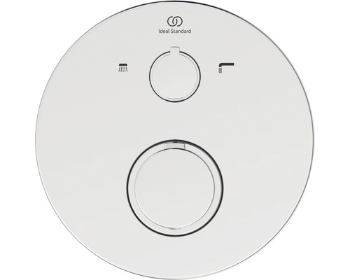 Logo Ideal Standard. Okrúhla ovládacia doska s dvomi tlačidlami na ovládanie splachovania.