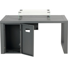 Sivý terasový stôl so sklenenou vložkou a dvierkami do úložného priestoru