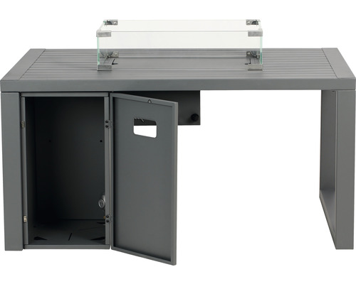 Sivý terasový stôl so sklenenou vložkou a dvierkami do úložného priestoru