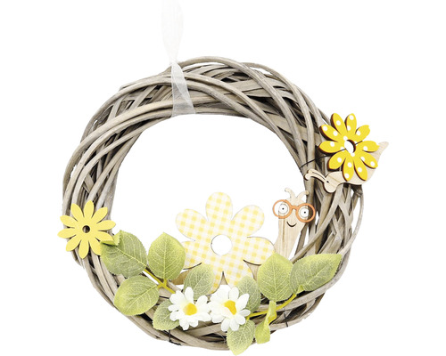 Dekoratívny veniec s kvetinovými a slimákovými motívmi pre jarnú atmosféru.