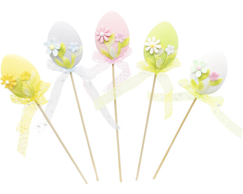Dekoratívne veľkonočné vajíčka na tyčkách s kvetmi a mašľami