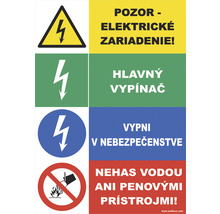 Bezpečnostná informačná tabuľa s výstražnými symbolmi pre elektrické napätie, hlavný vypínač, vypnutie v nebezpečenstve a nehasenie vodou
