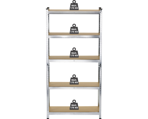 Kovový regál s piatimi policami a maximálnou nosnosťou 175 kilogramov na policu