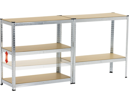 Regálový systém s nastaviteľnými policami z kovu a dreveného materiálu