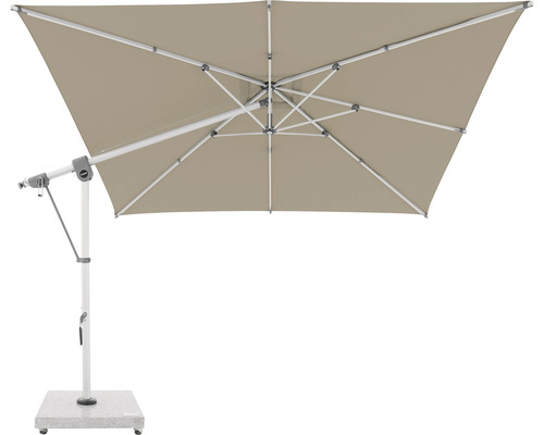 Štvorcový slnečník s kľukovým mechanizmom a stabilnou základňou.