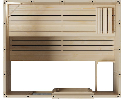 Vnútorný pohľad na drevenú saunu s lavicami a pecou