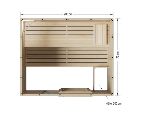 Obrázok sauny s rozmermi 208 x 172 x 200 centimetrov.