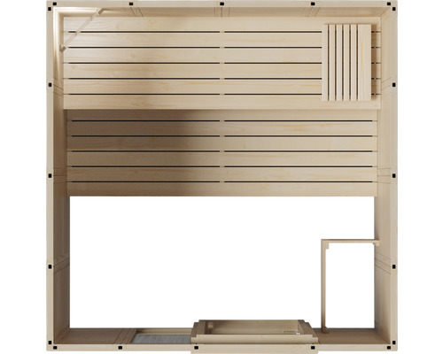 Pohľad zhora na drevenú saunu s lavicami a kachľami