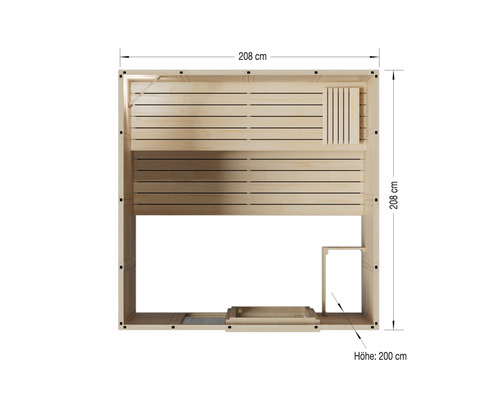 Pohľad zhora na saunu s rozmermi 208 x 208 x 200 centimetrov.