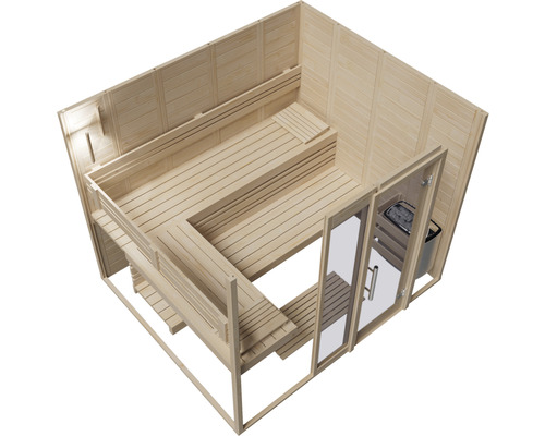 Interiér sauny s drevenými lavicami a sklenenými dverami