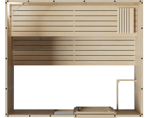 Vnútorný pohľad na drevenú saunu s lavicami a pecou