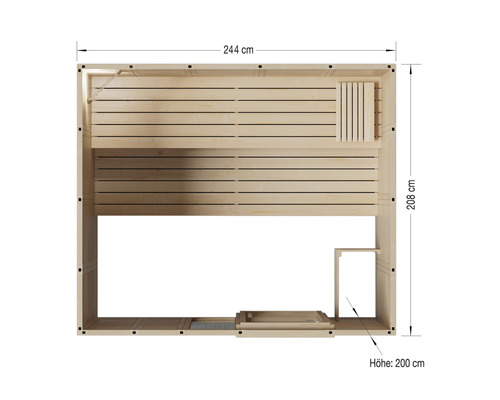 Pohľad zhora na saunu s rozmermi 244 x 208 centimetrov a výškou 200 centimetrov