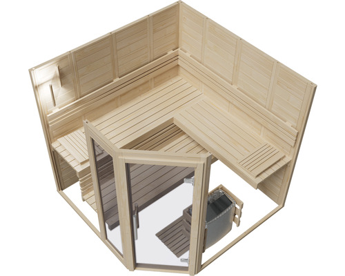 Vnútorný pohľad na drevenú saunu s lavicami a sklenenou prednou stranou