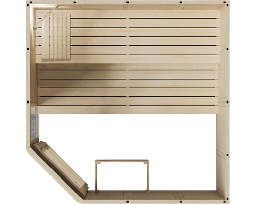 Pohľad zhora na drevenú saunu s lavicami