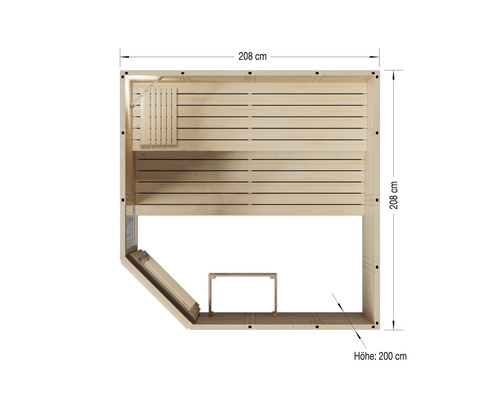 Pohľad zhora na drevenú saunu s rozmermi: dĺžka 208 centimetrov, šírka 208 centimetrov, výška 200 centimetrov