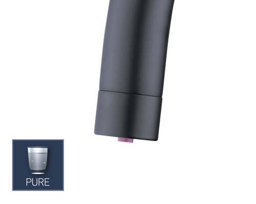 Detail vodovodnej batérie so symbolom PURE