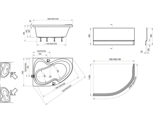 Technický nákres vane s rozmermi