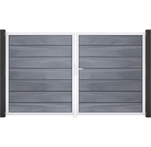 Dvojkrídlová brána s panelmi so vzhľadom dreva v bielom ráme