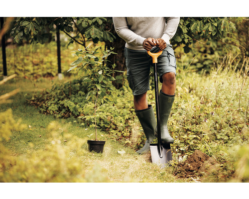 Osoba s rýľom sadí strom v záhrade.