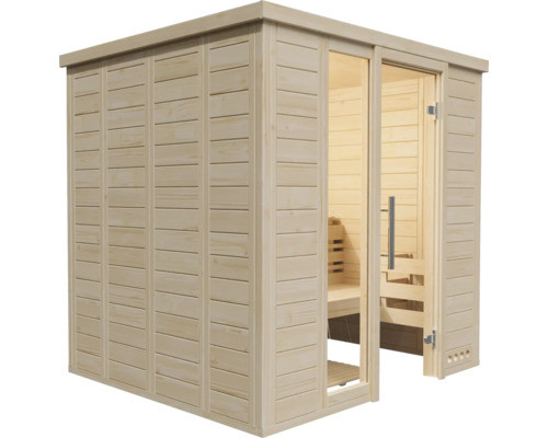 Sauna so sklenenými dverami a drevenými stenami