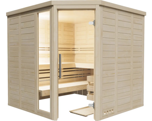 Drevená sauna so sklenenými dverami a interiérom