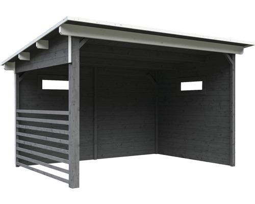 Drevený prístrešok s plochou strechou a bočnými otvormi