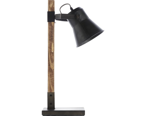 Drevená stolná lampa s kovovou základňou a nastaviteľným tienidlom