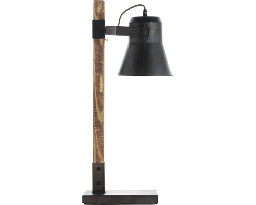 Stolná lampa s dreveným stojanom a kovovým tienidlom