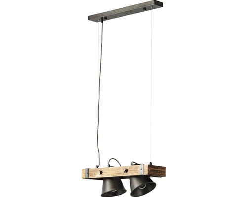 Závesná lampa s dvoma reflektormi a dreveným trámom