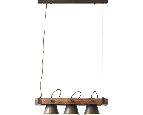 Závesná lampa s tromi svietidlami a dreveným trámom