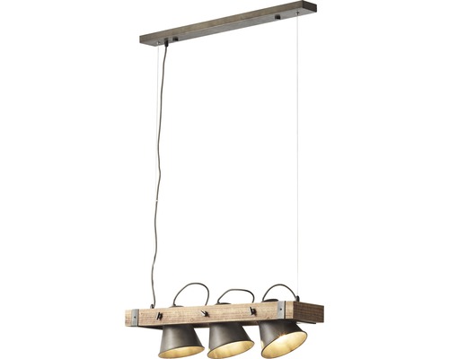 Závesná lampa s tromi reflektormi a drevenými detailmi