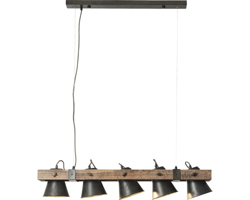 Závesná lampa s piatimi reflektormi a dreveným trámom