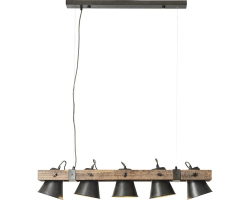 Závesné svietidlo s dreveným nosníkom a piatimi tienidlami
