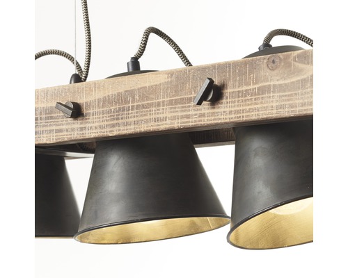 Závesná lampa s tromi tienidlami z dreva a kovu