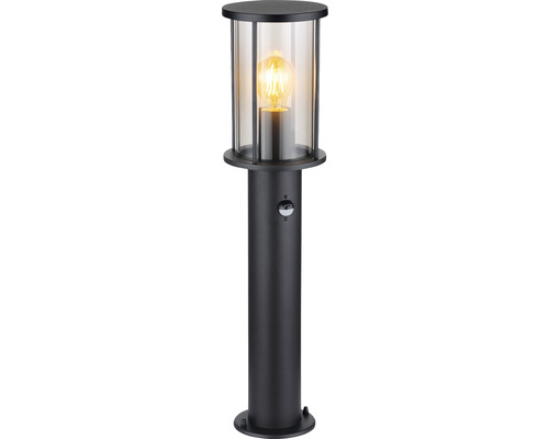 Stĺpové osvetlenie Globo 31362S GRACEY IP54 E27 60 W čierne so senzorom pohybu Čierna pätková lampa so sklenenou vložkou a senzorom na vonkajšie použitie