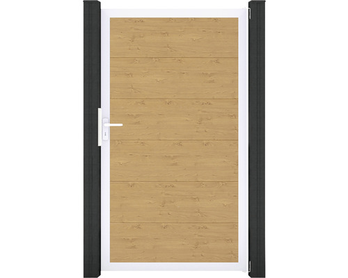 Záhradná bránka s dreveným efektom a bielym rámom