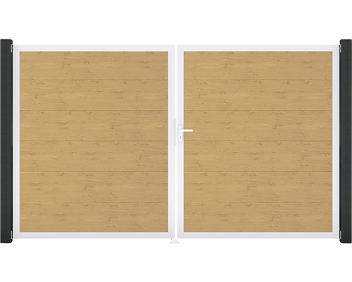 Dvojkrídlová brána s drevenou výplňou a rukoväťou